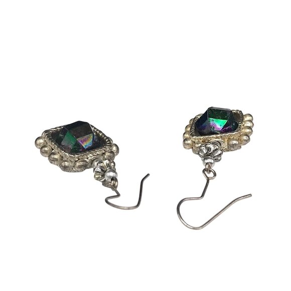 Vintage Etruscan Revival Spin Bead Earrings, Silver Tone Orbital Square Dangle - Picture 5 of 6